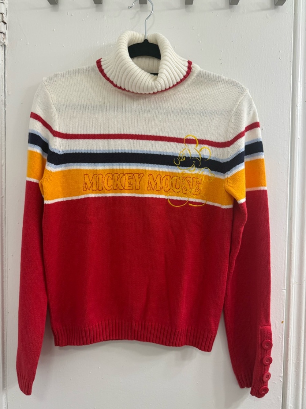 Disney vintage-style red, white, and yellow striped turtleneck sweater M.Mouse